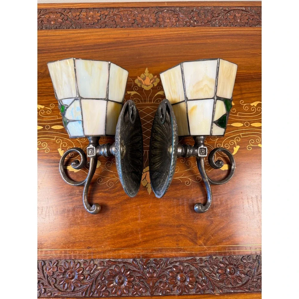 Vintage Stained Glass Rose Wall Sconces Pair Votive Candle Holders Tiffany Style